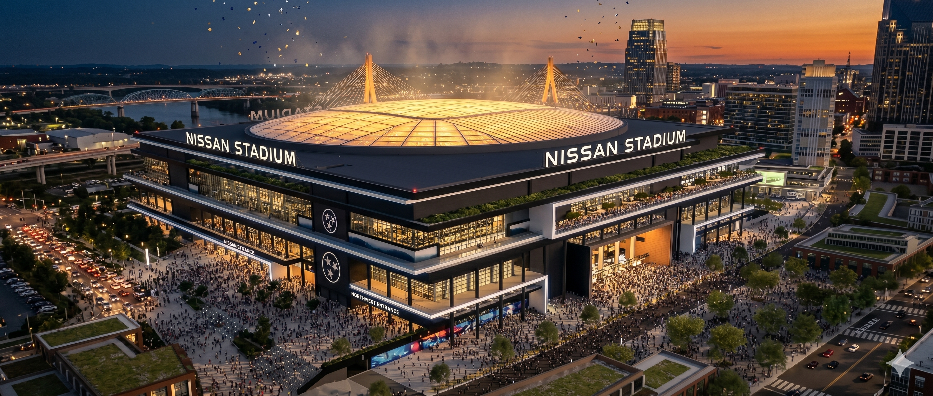 Nissan Stadium and Nashville skyline at dusk